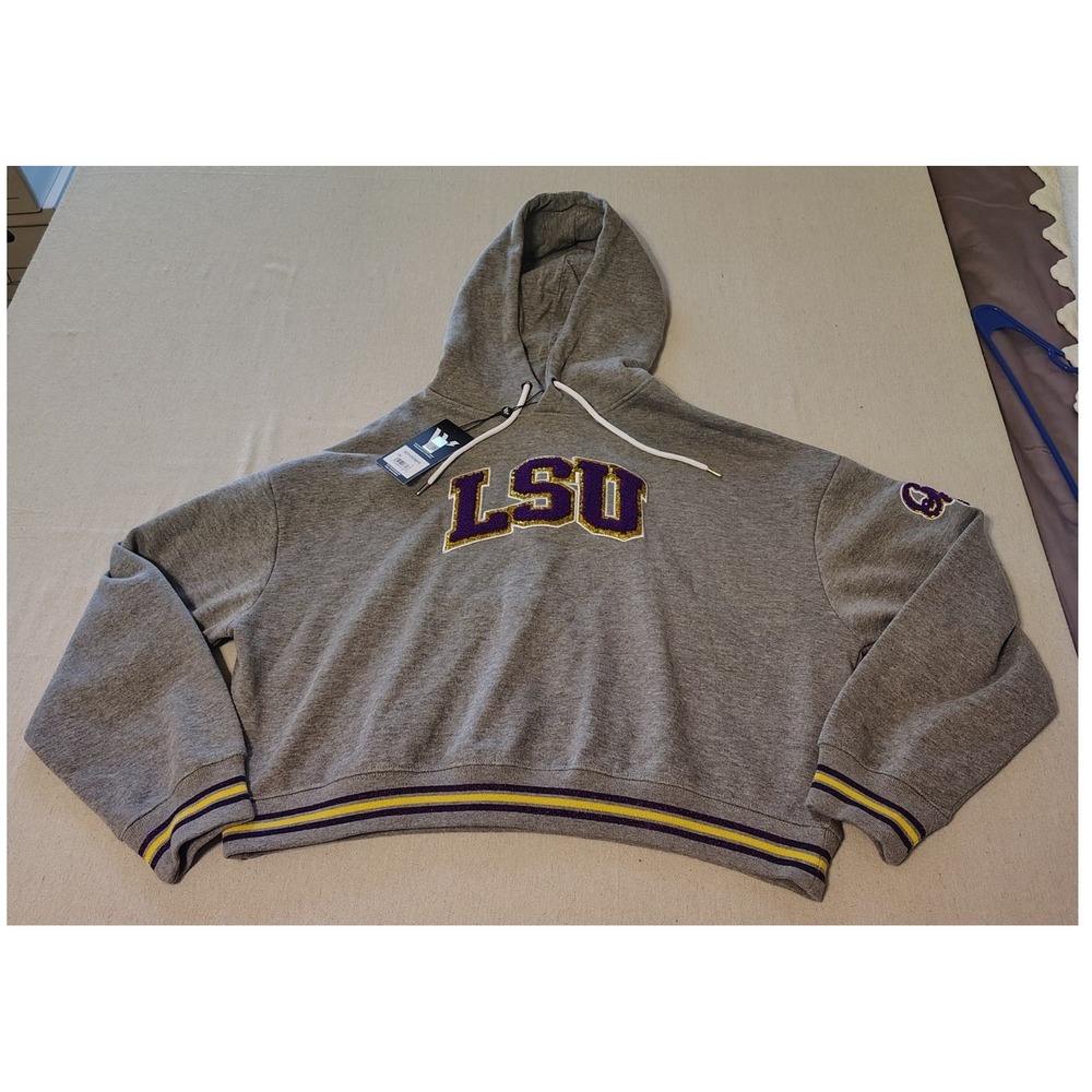 The Wild Collective LSU Tigers Hoodie Gray Crop Top Size‎ L Glitter Applique